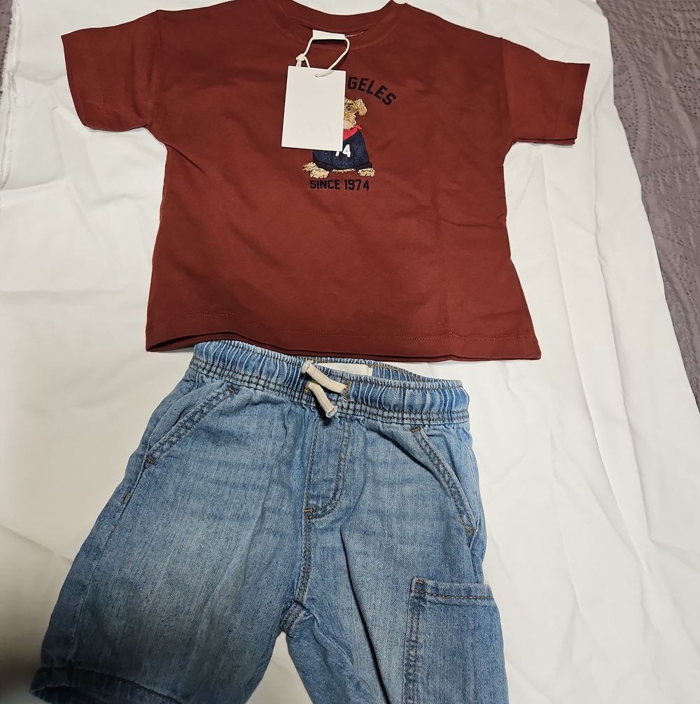Zara Kids Rust Red T-Shirt with Light Blue Denim Shorts Set
